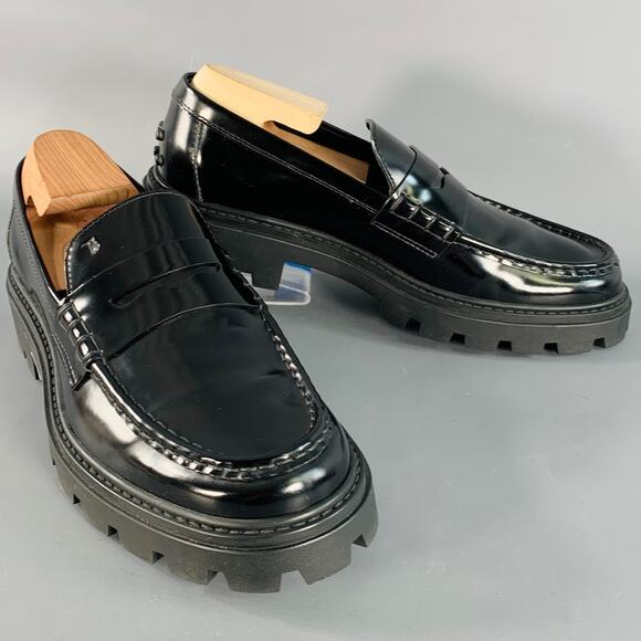TOD'S Size 11 Black Patent Leather Lug Sole Penny Loafers Flats - Picture 1 of 10